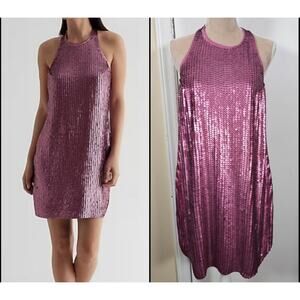 NEW Express Pink Sequin Halter Mini Dress Sz L Shift Party Sparkle Sexy Backless